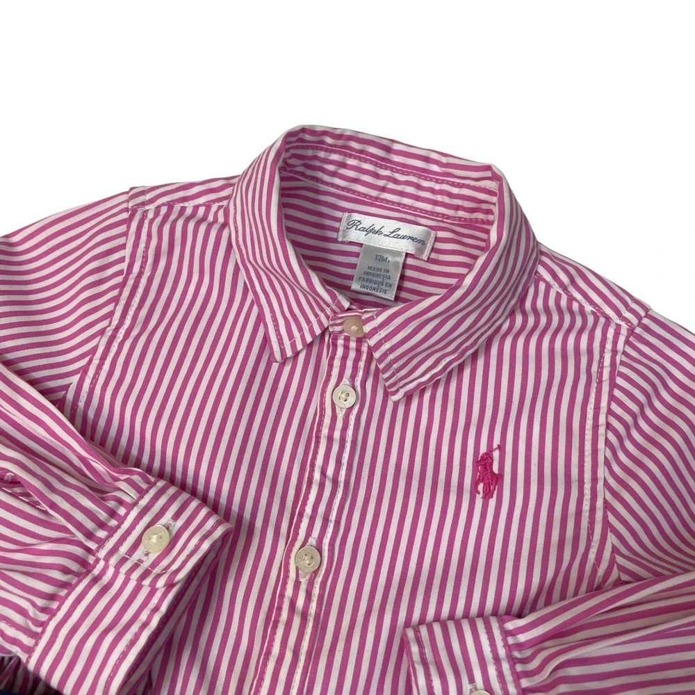 Ralph Lauren Pink White Stripe Button Front‎ Dress Navy Polka Dot Belt Size 12M